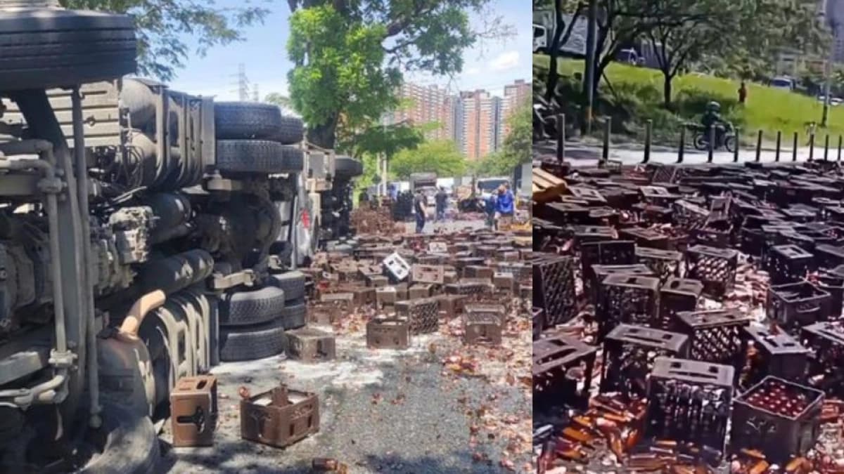 Fotos | Camión cargado de cerveza perdió el control y se volcó en importante vía de Bello, Antioquia; ciudadanos saquearon la carga